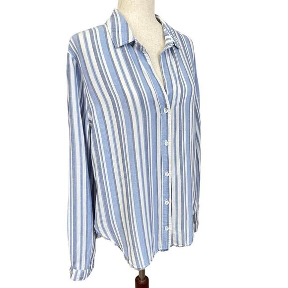 Bella Dahl Linen Blend Fringe Shirt Button Up Women’s Sz M Blue White Stripes - Picture 4 of 9